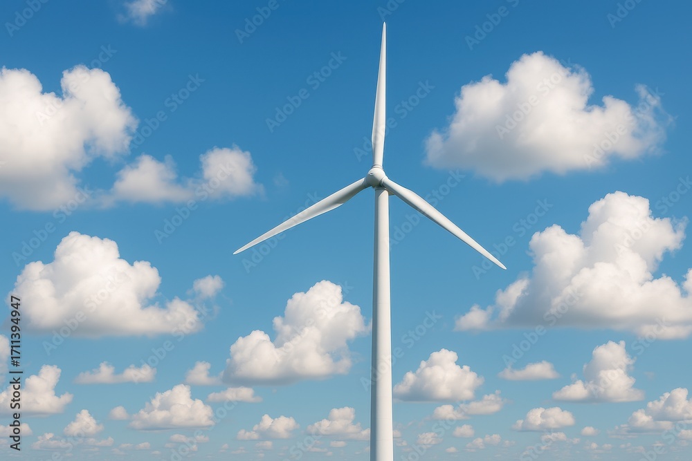 Fototapeta premium Wind Turbine against a Blue Sky: A striking image of a wind turbine, set against a bright, cloud-filled blue sky, symbolizes clean energy and a sustainable future.