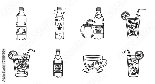 Collection of Refreshing Beverage Icons Assorted Drinks, Water, Soda, and Cocktails in Outline Style