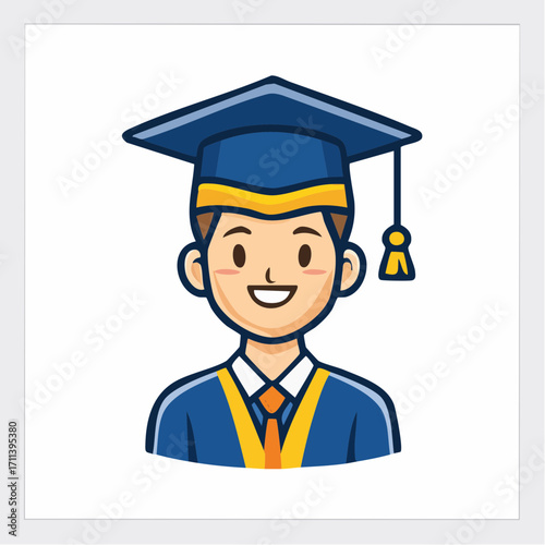 Cartoon illustration of a cheerful college graduate student in academic dress, symbolizing educational achievement and future success