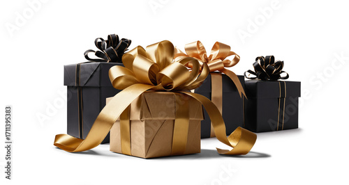 golden and black gift boxes as presents, isolated
