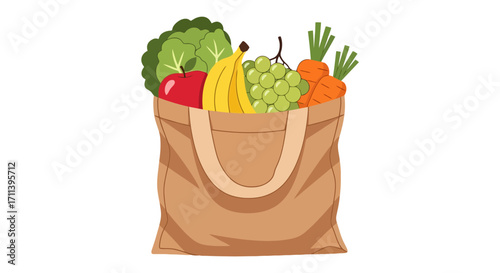 Illustrated grocery bag overflowing with fresh produce, promoting healthy eating habits and sustainable lifestyle choices for dietary and nutritional awareness.