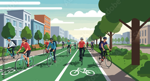 Vibrant Urban Cycling Lane with Diverse Riders Enjoying a Safe and Active Commute. Ideal for promoting sustainable transport, city planning, and healthy lifestyles.