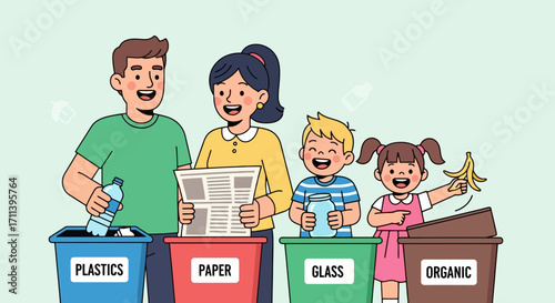 Family Actively Participating in Household Recycling and Waste Sorting, Emphasizing Environmental Awareness and Sustainable Living Practices. Ideal for educational resources, environmental campaigns.
