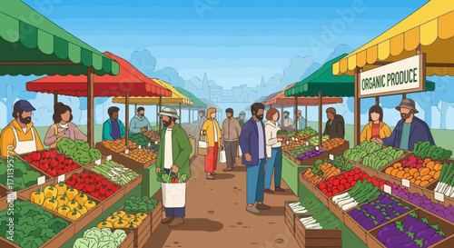 Vibrant Farmers Market Illustration Showcasing Fresh, Locally Sourced Produce for Promoting Sustainable Agriculture and Healthy Eating Initiatives.