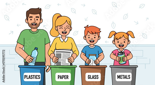 Happy Family Engaged in Recycling, Sorting Waste into Color-Coded Bins for Sustainable Living and Environmental Awareness Education