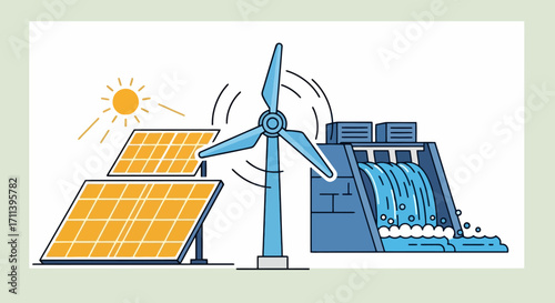 Diverse Renewable Energy Sources Illustration Showcasing Solar Panels, Wind Turbine and Hydroelectric Dam for Sustainable Power Generation Projects