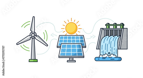Illustrated renewable energy sources showcasing wind turbine, solar panel, and hydroelectric dam for sustainable energy production and environmental conservation projects.