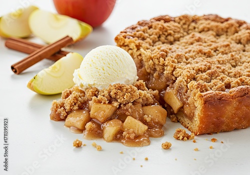 Classic Apple Crisp with Ice Cream on White Background 