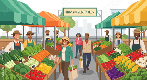 Vibrant Farmers Market Scene Showcasing Fresh Organic Vegetables and Local Produce for Promoting Healthy Eating and Supporting Sustainable Agriculture