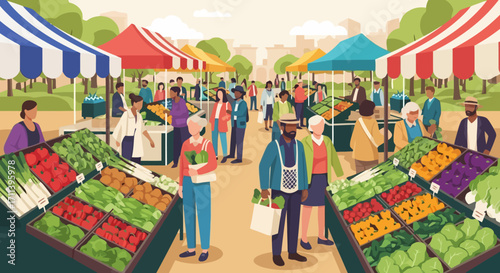 Vibrant outdoor farmers market illustration showcasing fresh produce, community gathering, and local vendors. Ideal for promoting healthy eating, local business support, and community events.