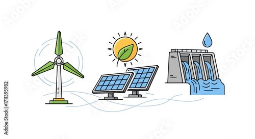 Sustainable Energy Sources Illustration Highlighting Wind, Solar, and Hydro Power for Environmental Awareness and Renewable Energy Promotion