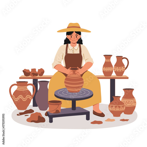 A rural woman skillfully hand-crafts pottery on a spinning wheel, surrounded by finished ceramic pieces and raw clay, depicted in a vibrant 2D flat vector illustration with clean outlines.