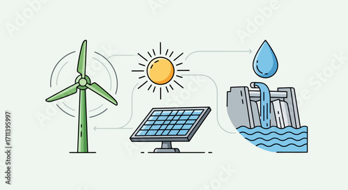 Illustrated renewable energy sources showcasing sustainable power generation for educational resources and environmental awareness campaigns to promote eco-friendly practices.