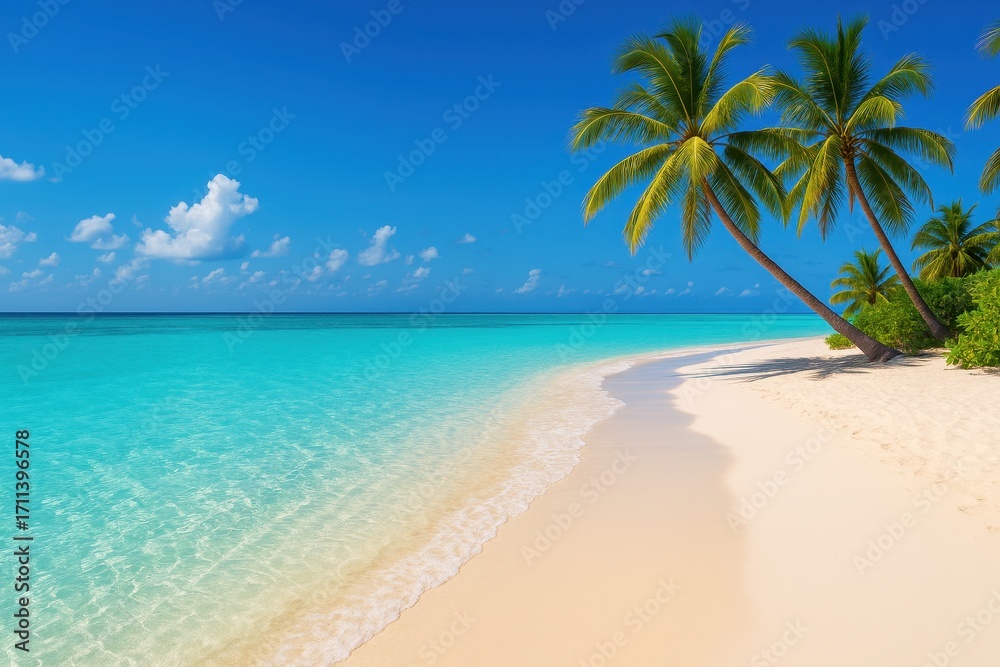 Fototapeta premium Vibrant summer beach paradise with crystal turquoise waters perfect for vacation greeting card design