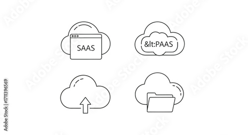 Vector illustration of cloud computing icons representing saas and paas solutions for modern software development and data management