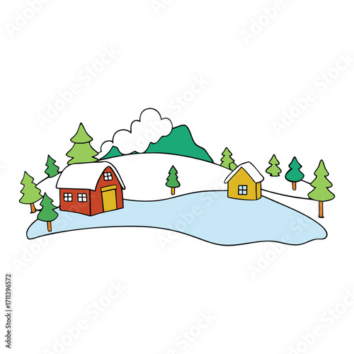 A peaceful winter rural landscape with snow-covered fields, frosty trees, and cozy cottages, capturing the calm and quiet charm of countryside life in winter.
