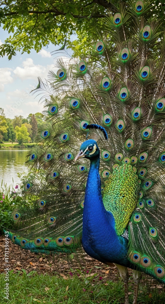 Obraz premium Peacock's display: A magnificent peacock with iridescent plumage struts elegantly by a serene lake. captured the peacock with its majestic display.