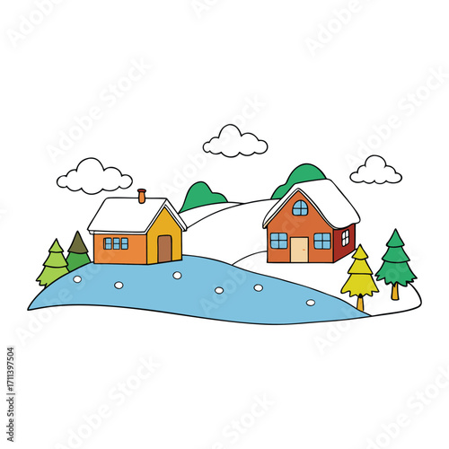 A peaceful winter rural landscape with snow-covered fields, frosty trees, and cozy cottages, capturing the calm and quiet charm of countryside life in winter.

