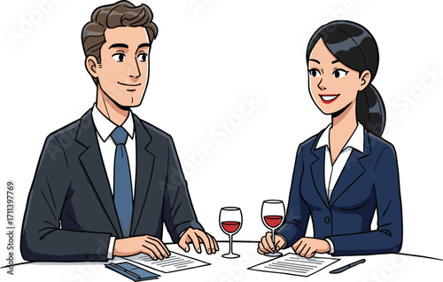 Business meeting illustration, formal attire, corporate discussion, teamwork concept, office negotiation, wine dinner, executive collaboration, vector art, professional scene