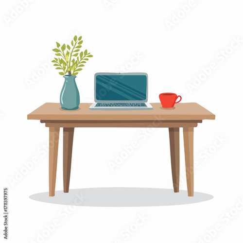 Clean vector illustration of a modern wooden desk setup with a laptop, a green potted plant, and a red coffee mug.