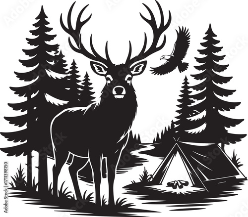 Majestic deer, eagle soar over forest campsite