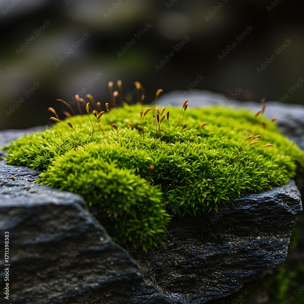 Fototapeta premium Lush Green Moss Growing on Dark Rock