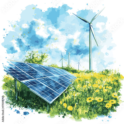 Sources of alternative energy. Illustration of solar panels and windmills in watercolor style. Solar and wind power stations. Trends in eco-living , vector style simple color