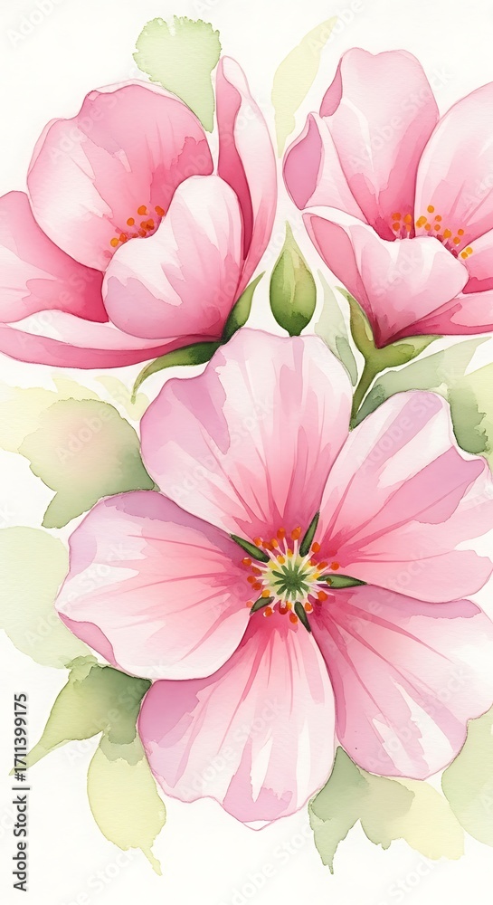 Naklejka premium Delicate Pink Floral Watercolor Painting.