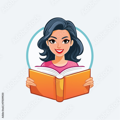 Smiling Woman Reading a Book Illustration of a Happy Reader Enjoying Literature