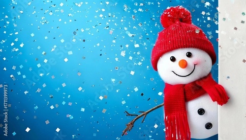 Snowman with red hat and scarf peeking out from behind a blank sign on sparkling blue background with silver confetti, perfect for christmas or winter holidays