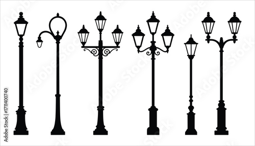Vintage Street Lamp Post Vector Silhouette Set
