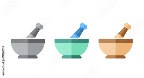 Set of three colorful mortar and pestle flat design icons.