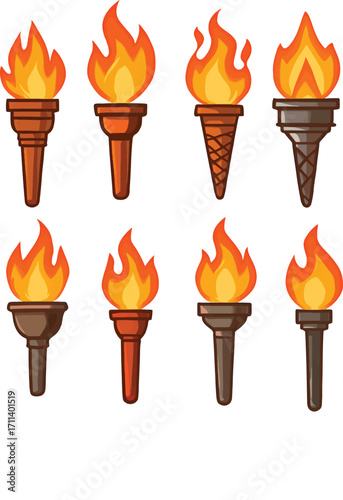 Collection of eight burning torches with fiery flames