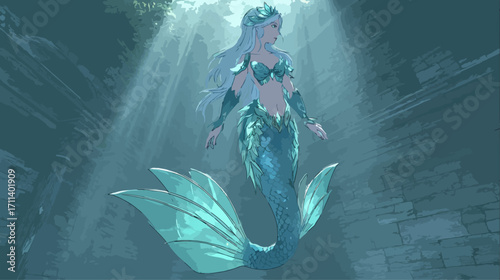Teal mermaid in underwater cave