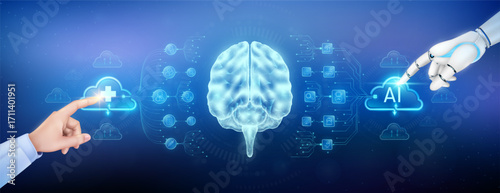 Doctor finger and robot touching plus sign and AI in clouds. Brain organ translucent polygon with medical network icons. Cyborg human collaboration. Health care technology digital. Banner vector.