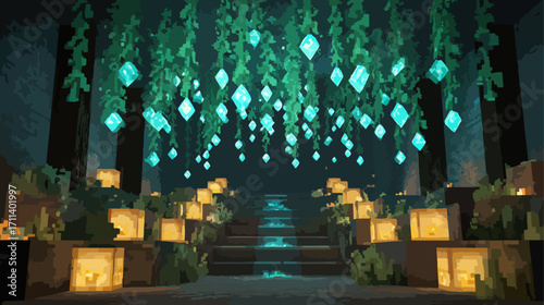 Fantasy interior pathway with illuminated crystals and candles
