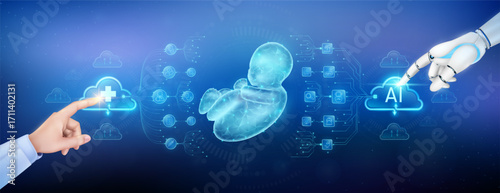 Doctor finger and robot touching plus sign and AI in clouds. Fetus translucent polygon with medical network icons. Cyborg human collaboration. Health care technology digital. Banner vector.