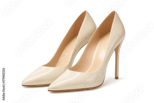 Pair of elegant beige high heel shoes on transparent background