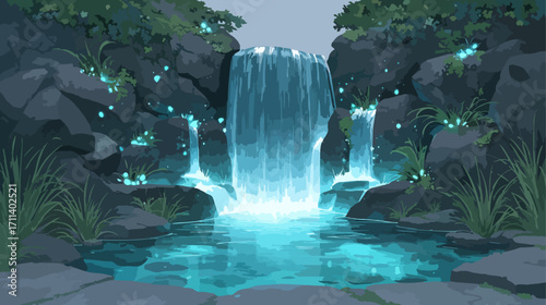 Luminous waterfall in a rocky gorge