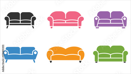 Colorful Sofa Icon Set Modern Couch Furniture Vector Illustration