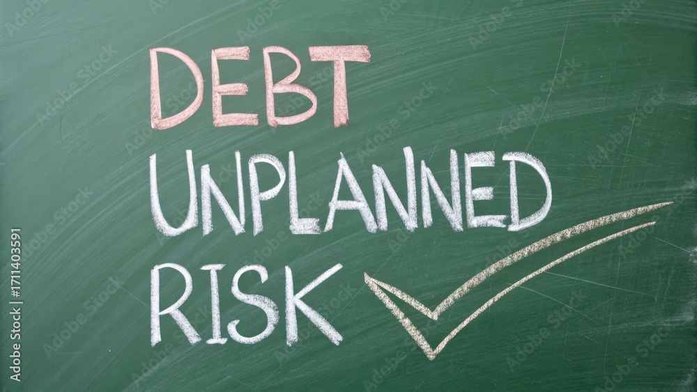 Obraz premium Debt Unplanned Risk Concept on Chalkboard with Check Mark, Financial Planning, Investment Strategies and Awareness