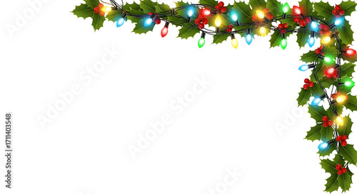 Christmas corner border of holly leaves and colorful lights