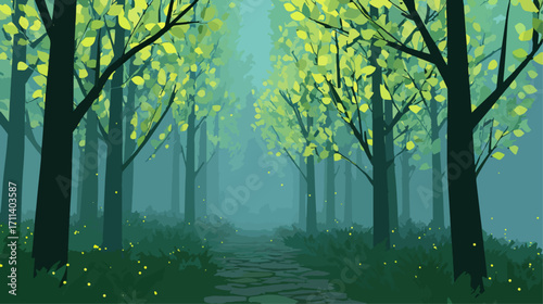 Misty forest path at dawn