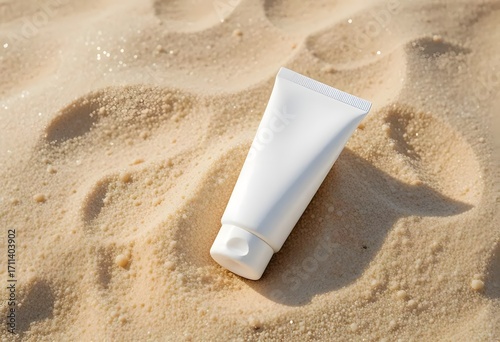 Sunscreen lotion tube mockup resting on golden sandy beach ready for summer holiday protection