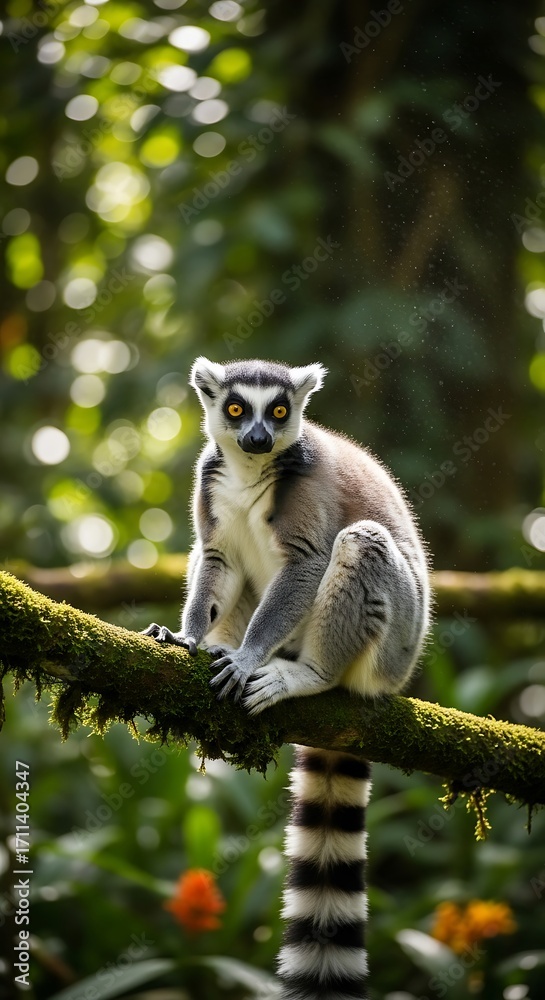 Obraz premium Ring-tailed Lemur on Branch in Lush Forest.