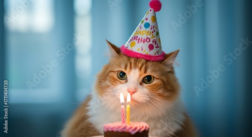 Orange cat wearing birthday hat with small cake