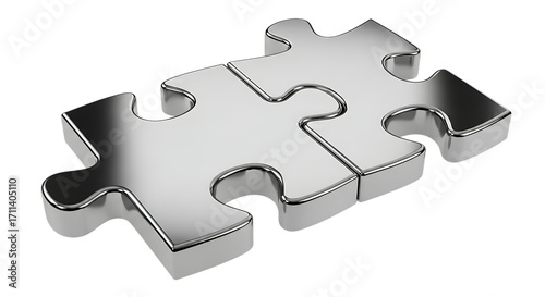 Two metallic 3D puzzle pieces interlocked together, isolated on black background.