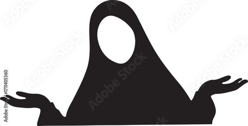  A black Silhouette of a person in a hijab shrugging with open hands.