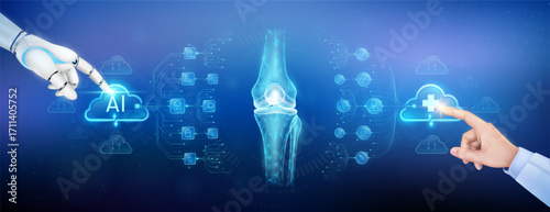 Doctor finger and robot touching plus sign and AI in clouds. Knee joint bone organ translucent polygon with medical network icons. Cyborg human collaboration. Health care technology digital. Vector.