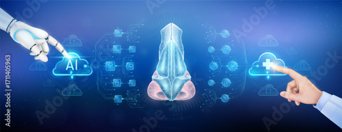 Doctor finger and robot touching plus sign and AI in clouds. Nose organ translucent polygon with medical network icons. Cyborg human collaboration. Health care technology digital. Banner vector.